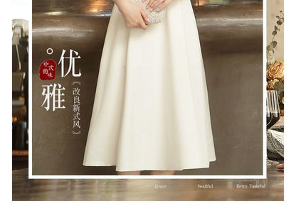Elbow-Sleeve Mandarin Collar Floral Embroidered A-Line Evening Dress