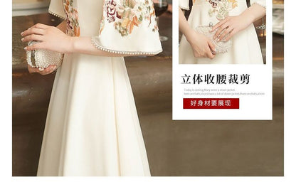 Elbow-Sleeve Mandarin Collar Floral Embroidered A-Line Evening Dress