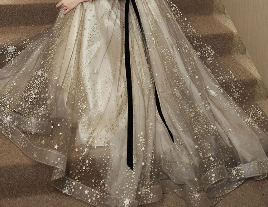 Short-Sleeve Glitter Mesh Panel A-Line Evening Gown