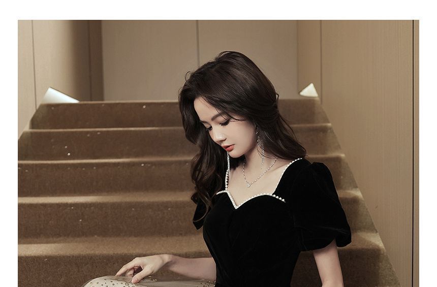 Short-Sleeve Glitter Mesh Panel A-Line Evening Gown