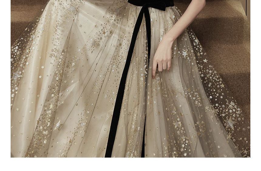 Short-Sleeve Glitter Mesh Panel A-Line Evening Gown