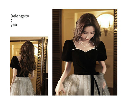 Short-Sleeve Glitter Mesh Panel A-Line Evening Gown