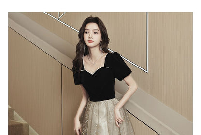 Short-Sleeve Glitter Mesh Panel A-Line Evening Gown