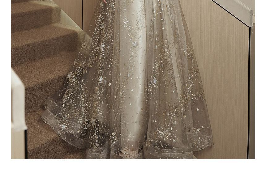 Short-Sleeve Glitter Mesh Panel A-Line Evening Gown