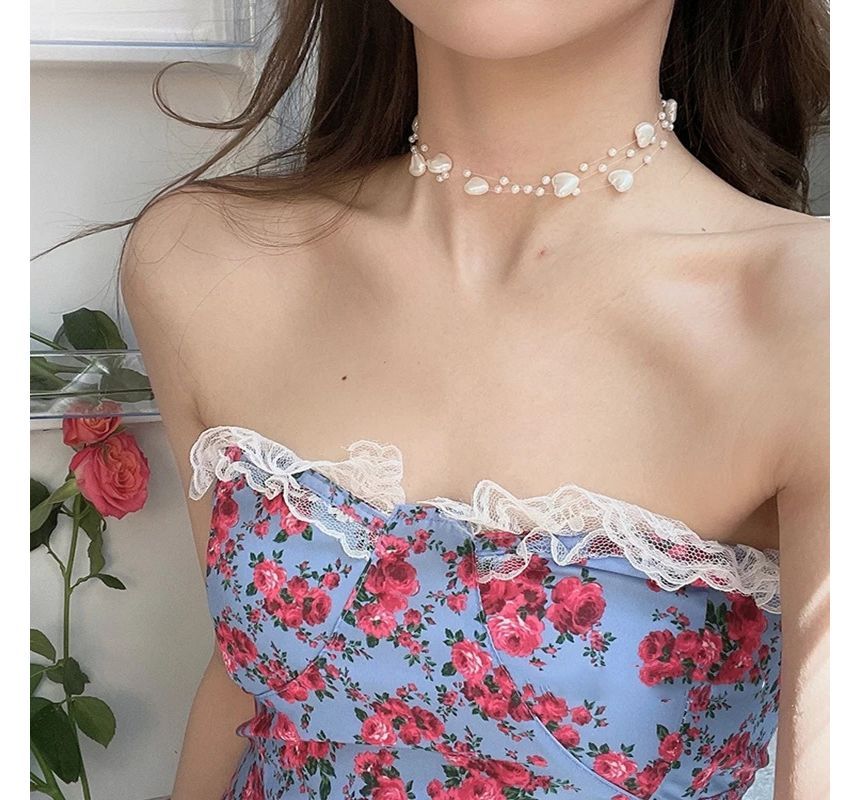 Heart Faux Pearl Layered Fish Line Choker