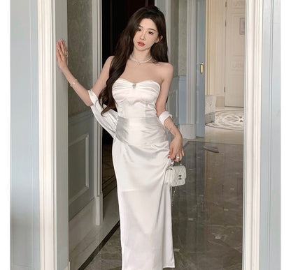 Bodycon Strapless Shirred Plain Evening Gown