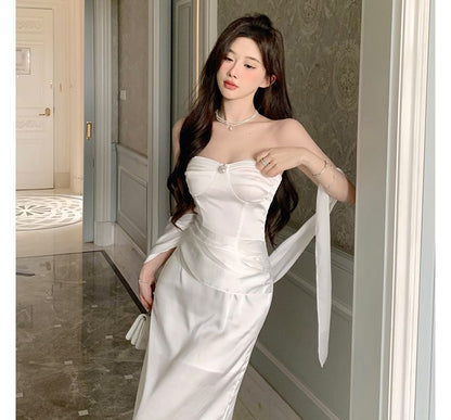 Bodycon Strapless Shirred Plain Evening Gown