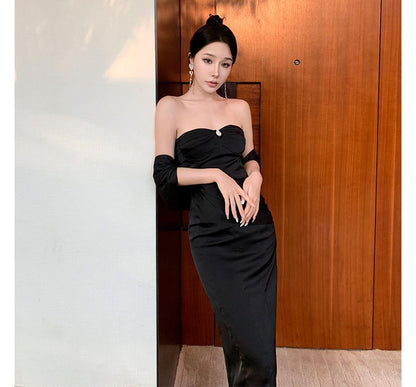 Bodycon Strapless Shirred Plain Evening Gown