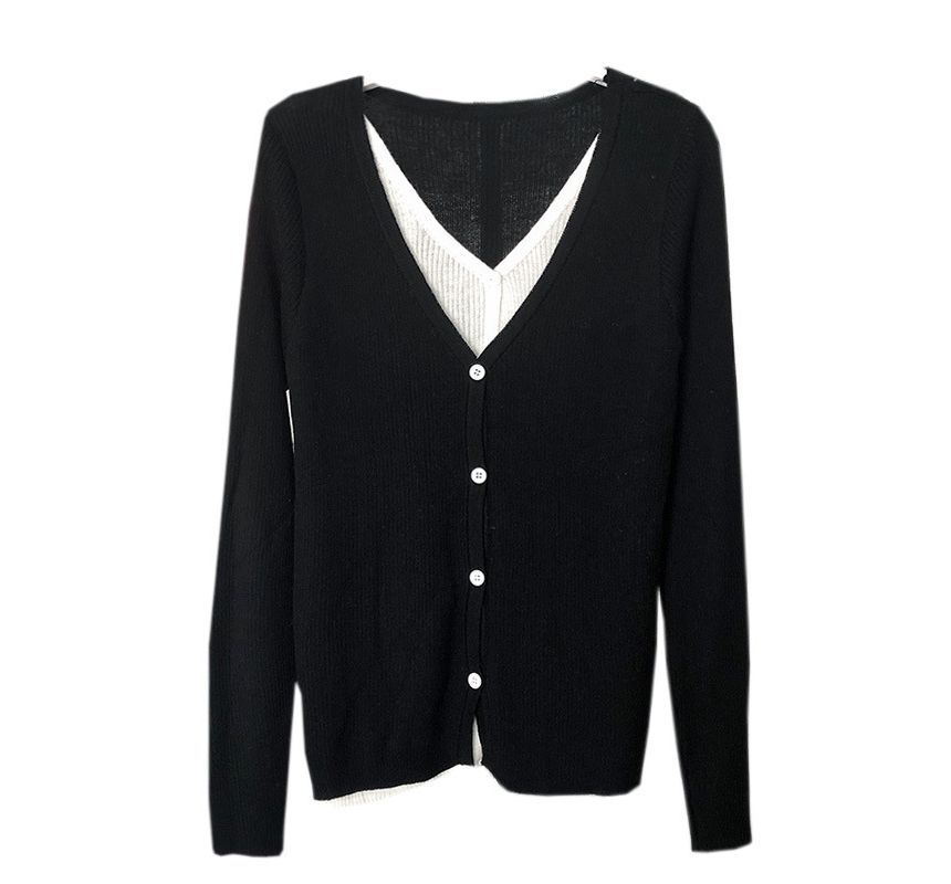 Knit Button-Up V-Neck Mock Top Two-Piece Long-Sleeve Two Tone