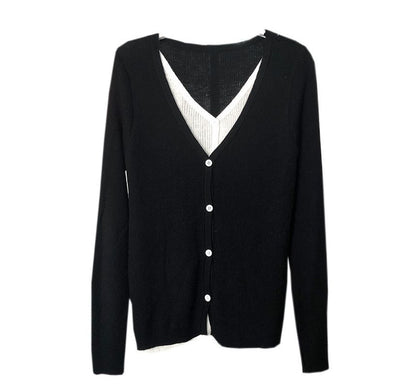Knit Button-Up V-Neck Mock Top Two-Piece Long-Sleeve Two Tone