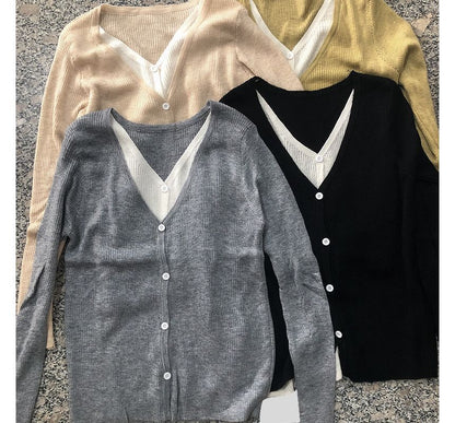 Knit Button-Up V-Neck Mock Top Two-Piece Long-Sleeve Two Tone