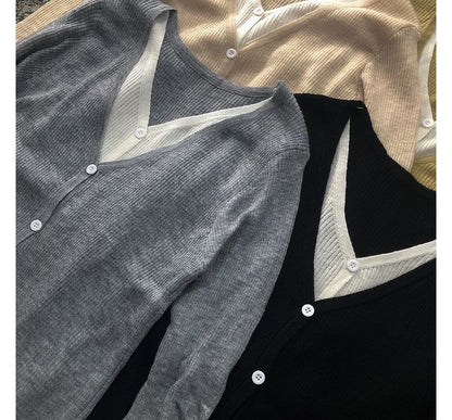 Knit Button-Up V-Neck Mock Top Two-Piece Long-Sleeve Two Tone