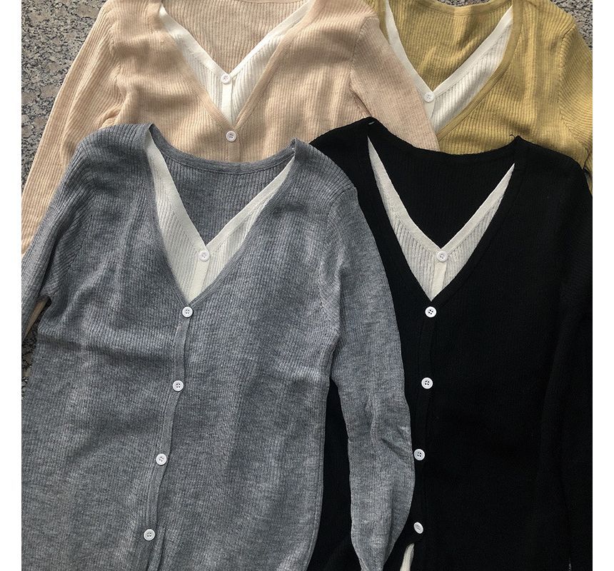 Knit Button-Up V-Neck Mock Top Two-Piece Long-Sleeve Two Tone