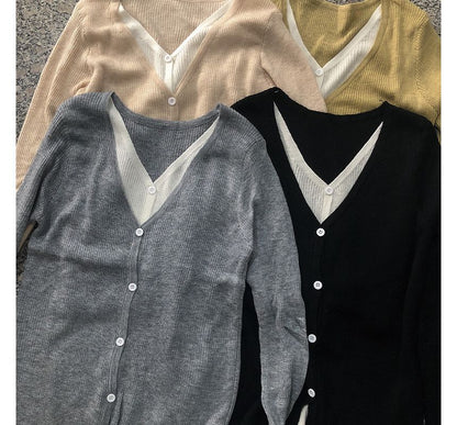 Knit Button-Up V-Neck Mock Top Two-Piece Long-Sleeve Two Tone