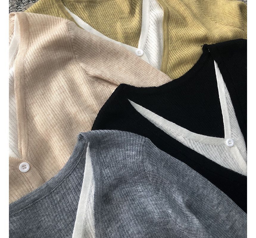 Knit Button-Up V-Neck Mock Top Two-Piece Long-Sleeve Two Tone