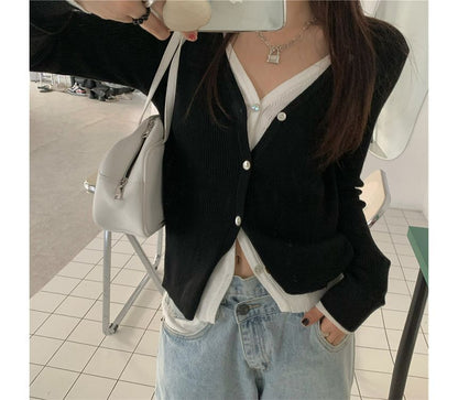 Knit Button-Up V-Neck Mock Top Two-Piece Long-Sleeve Two Tone