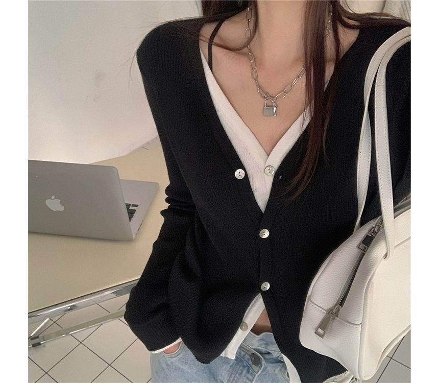 Knit Button-Up V-Neck Mock Top Two-Piece Long-Sleeve Two Tone