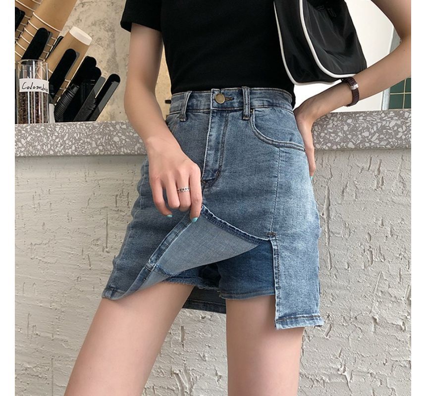 Mini-jupe crayon en jean à taille haute avec fente