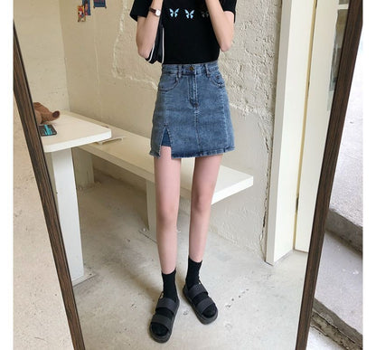 High Waist Slit Denim Mini Pencil Skort