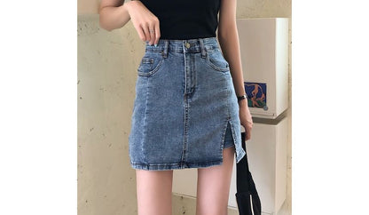 High Waist Slit Denim Mini Pencil Skort