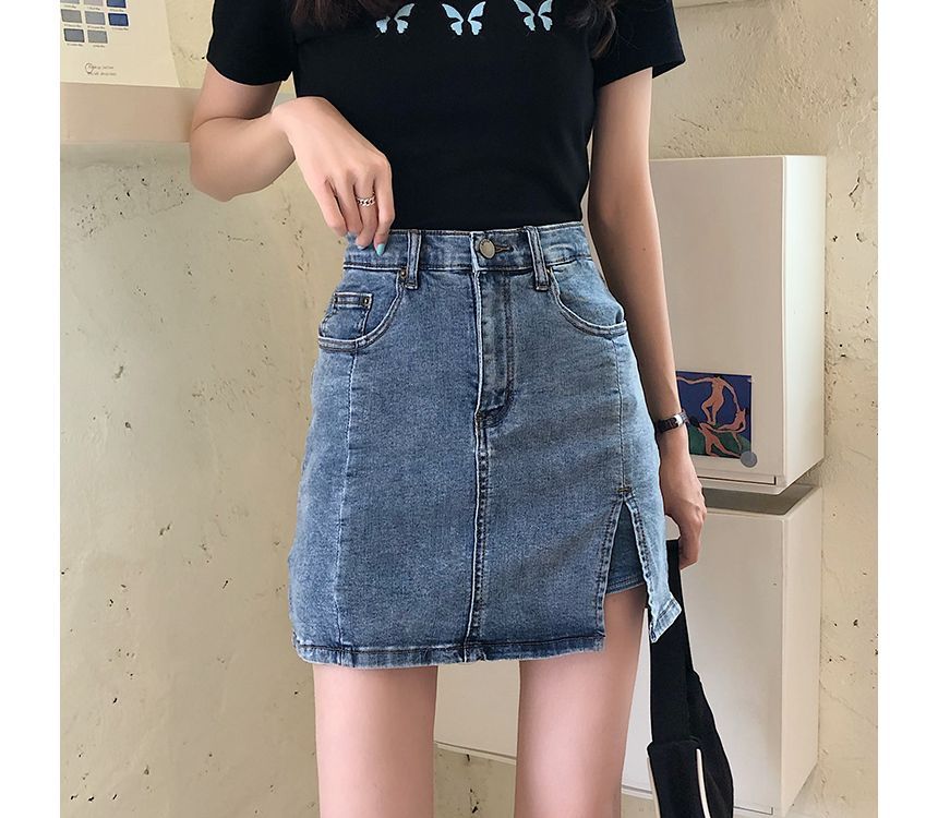 Mini-jupe crayon en jean à taille haute avec fente