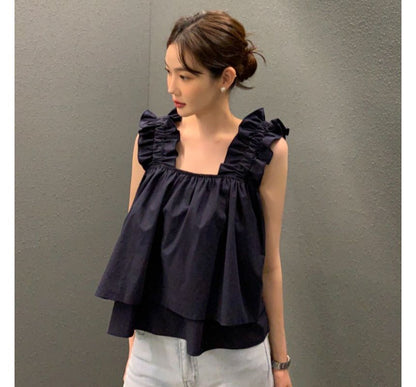 Ruffle Trim Plain Flowy Cami Top