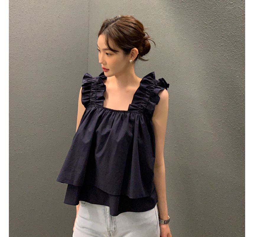 Ruffle Trim Plain Flowy Cami Top