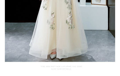 V-Neck A-Line Gown Evening Short-Sleeve Floral Embroidered