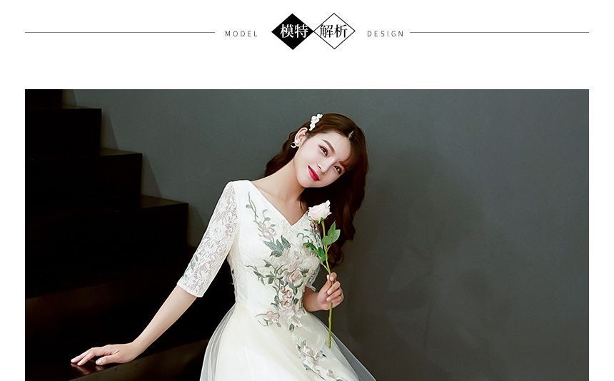 V-Neck A-Line Gown Evening Short-Sleeve Floral Embroidered