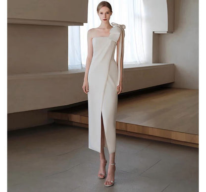 One-Shoulder Bow Slit Sheath Cocktail Dress