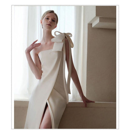 One-Shoulder Bow Slit Sheath Cocktail Dress