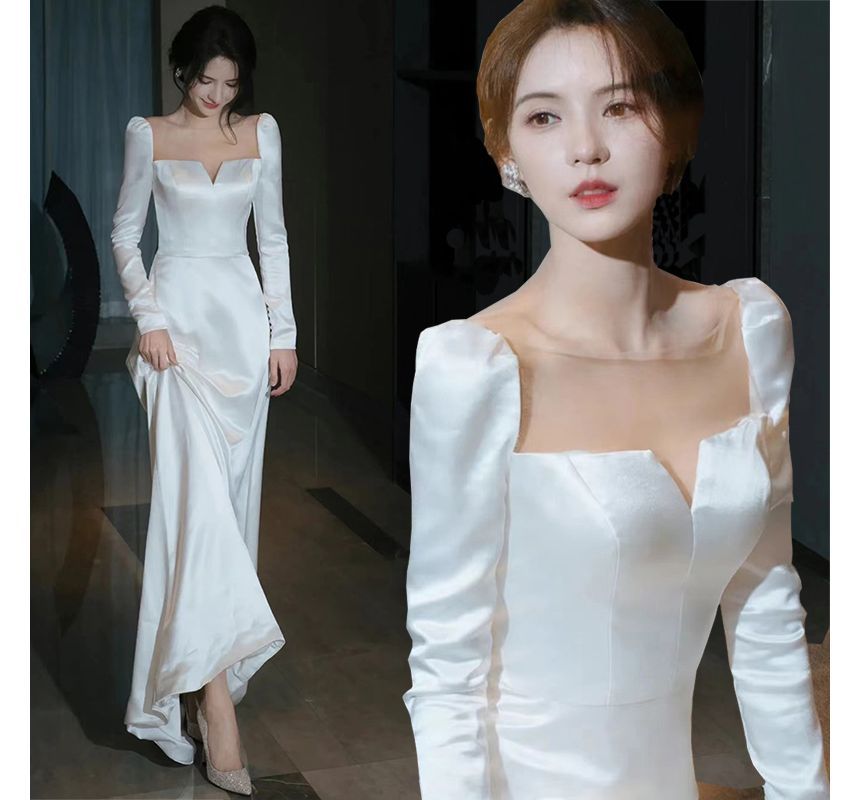 Long-Sleeve Plain A-Line Wedding Dress