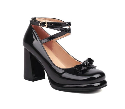 Bow Ankle Strap Platform Chunky Heel Mary Jane Pumps