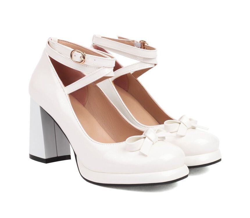 Bow Ankle Strap Platform Chunky Heel Mary Jane Pumps