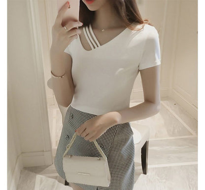 Short-Sleeve V-Neck Asymmetrical Plain Strappy Tee
