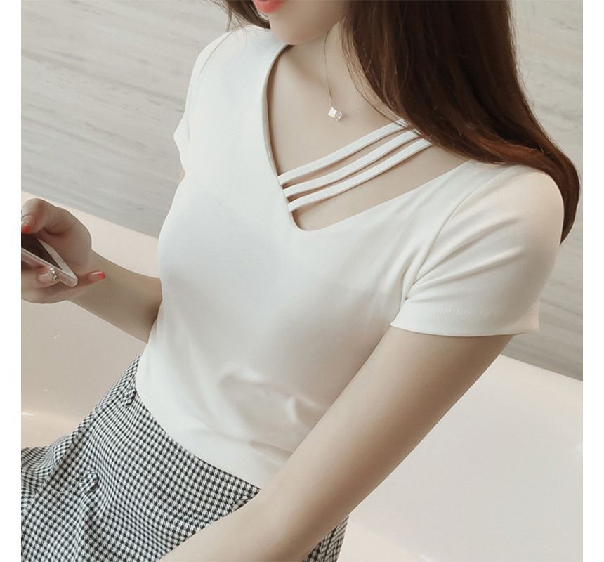 Short-Sleeve V-Neck Asymmetrical Plain Strappy Tee