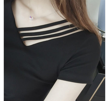 Short-Sleeve V-Neck Asymmetrical Plain Strappy Tee