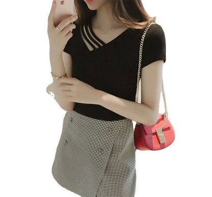 Short-Sleeve V-Neck Asymmetrical Plain Strappy Tee