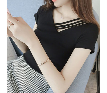 Short-Sleeve V-Neck Asymmetrical Plain Strappy Tee