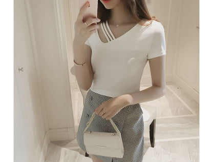 Short-Sleeve V-Neck Asymmetrical Plain Strappy Tee