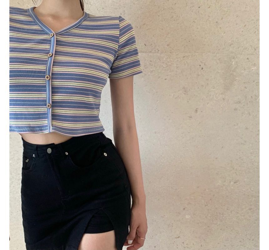 Short-Sleeve V-Neck Striped Button-Up Crop Tee