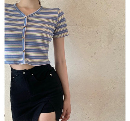 Short-Sleeve V-Neck Striped Button-Up Crop Tee