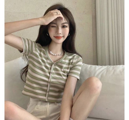 Short-Sleeve V-Neck Striped Button-Up Crop Tee