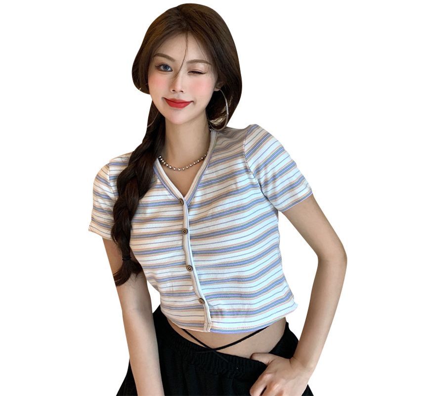Short-Sleeve V-Neck Striped Button-Up Crop Tee