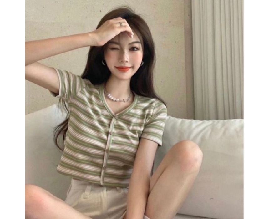 Short-Sleeve V-Neck Striped Button-Up Crop Tee