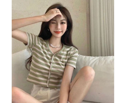 Short-Sleeve V-Neck Striped Button-Up Crop Tee