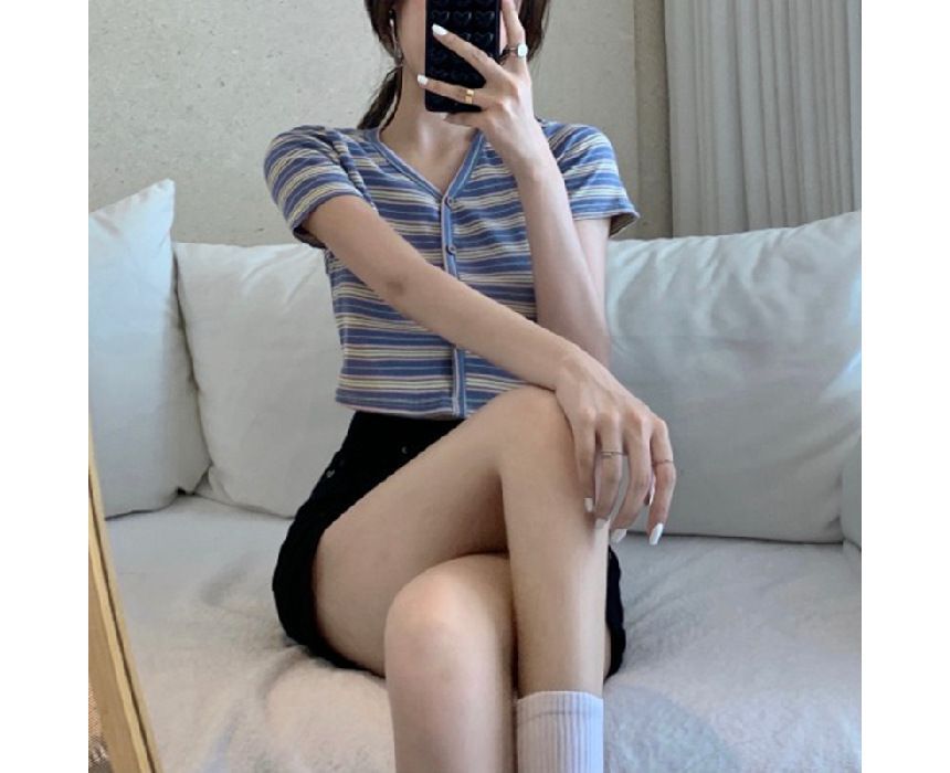 Short-Sleeve V-Neck Striped Button-Up Crop Tee