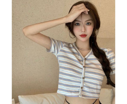 Short-Sleeve V-Neck Striped Button-Up Crop Tee