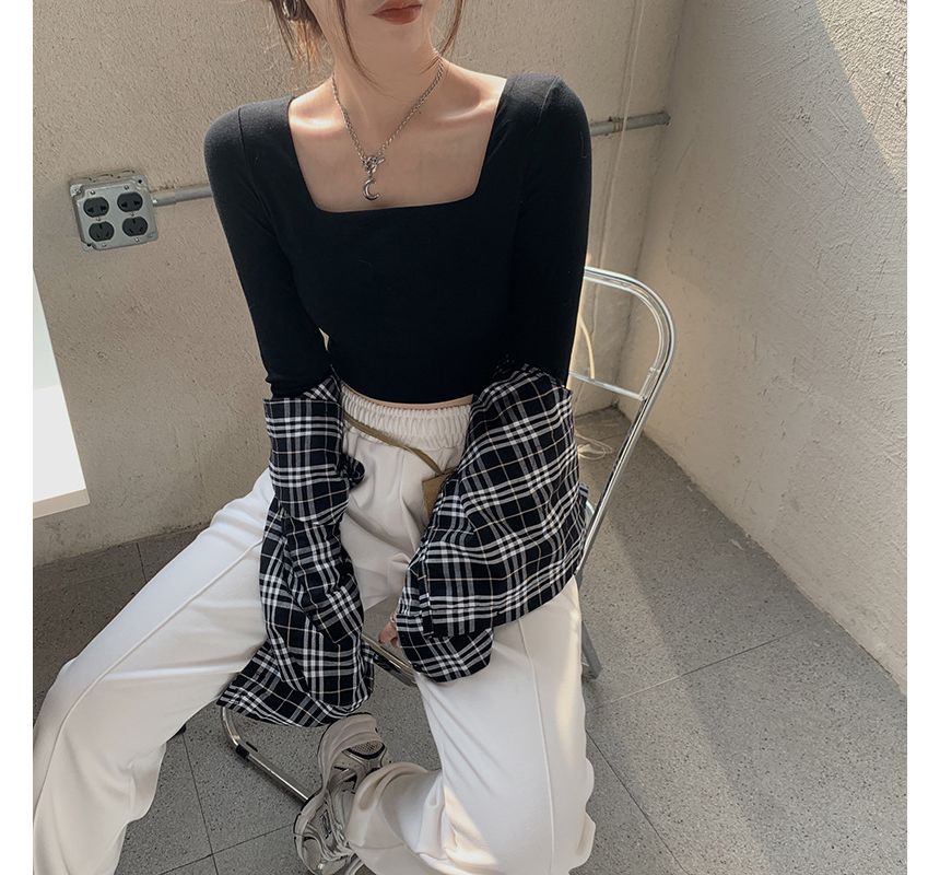 Square-Neck Plain Crop T-Shirt (Various Designs)