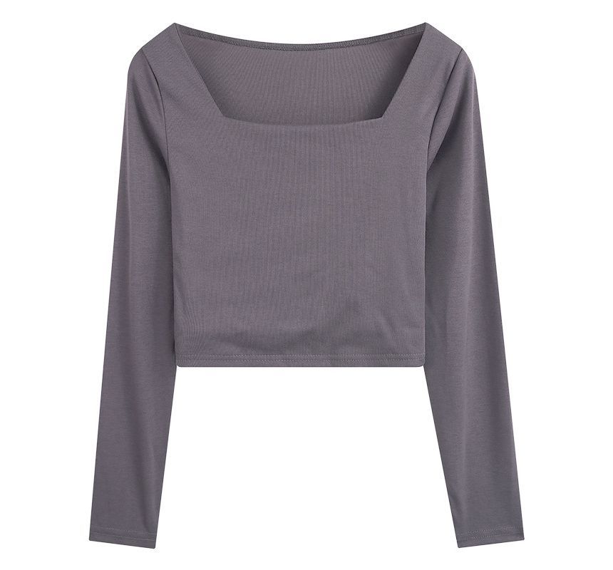 Square-Neck Plain Crop T-Shirt (Various Designs)